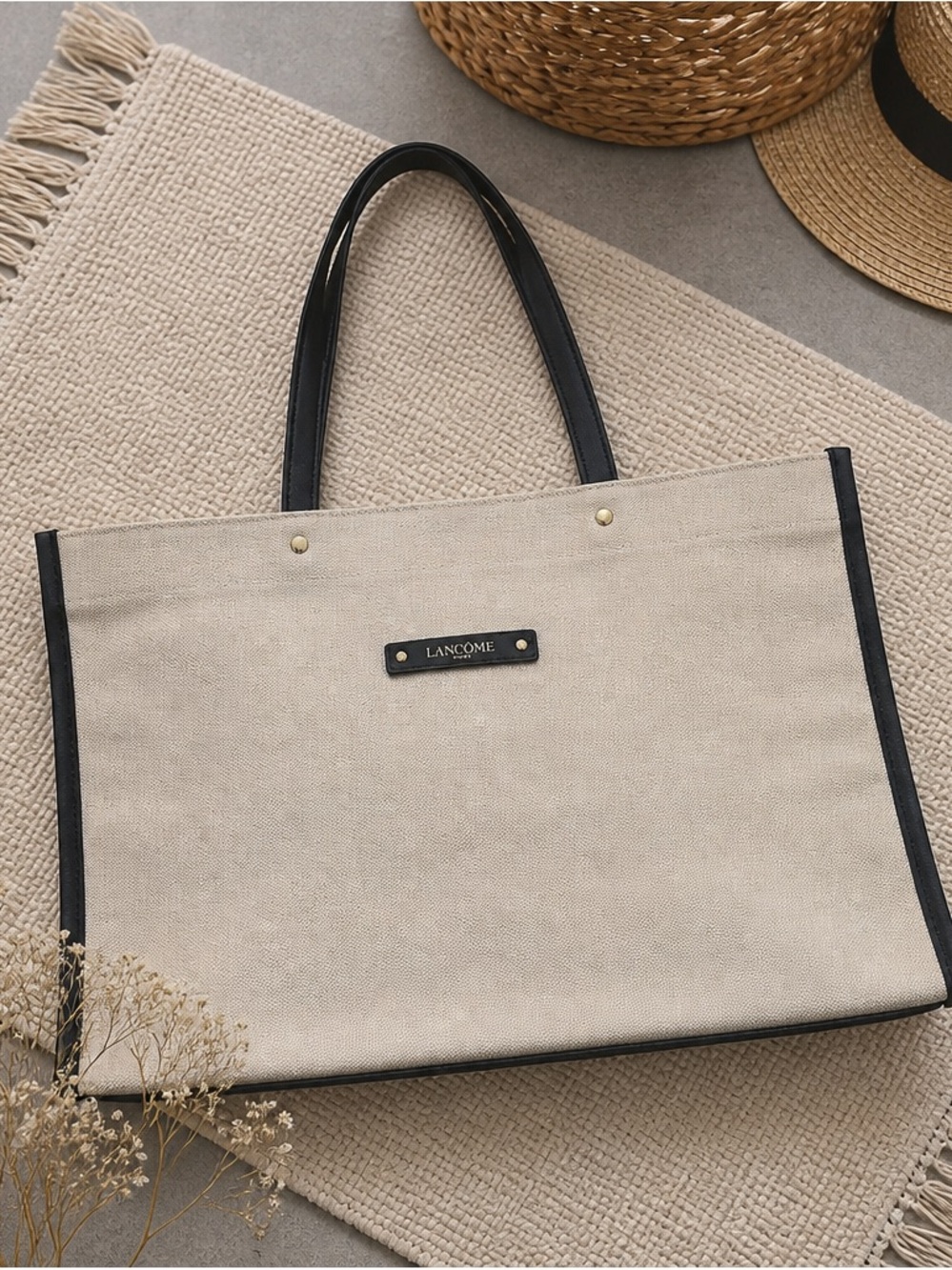 Lancôme Beige Canvas Tote with Black Trim and Handles